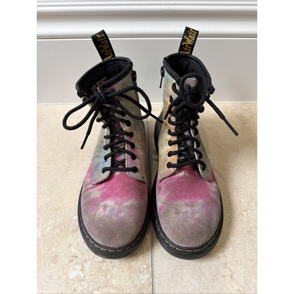 Dr. Martens Tie Dye Suede Combat Ankle Boots Lace Up Pink Youth Size 2